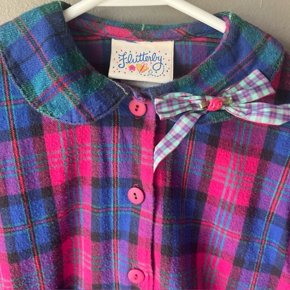 VTG Flutterby GirlsSize 6 Plaid Flannel Puffy Sleeve Dress Handkerchief Asym Hem - Picture 4 of 11